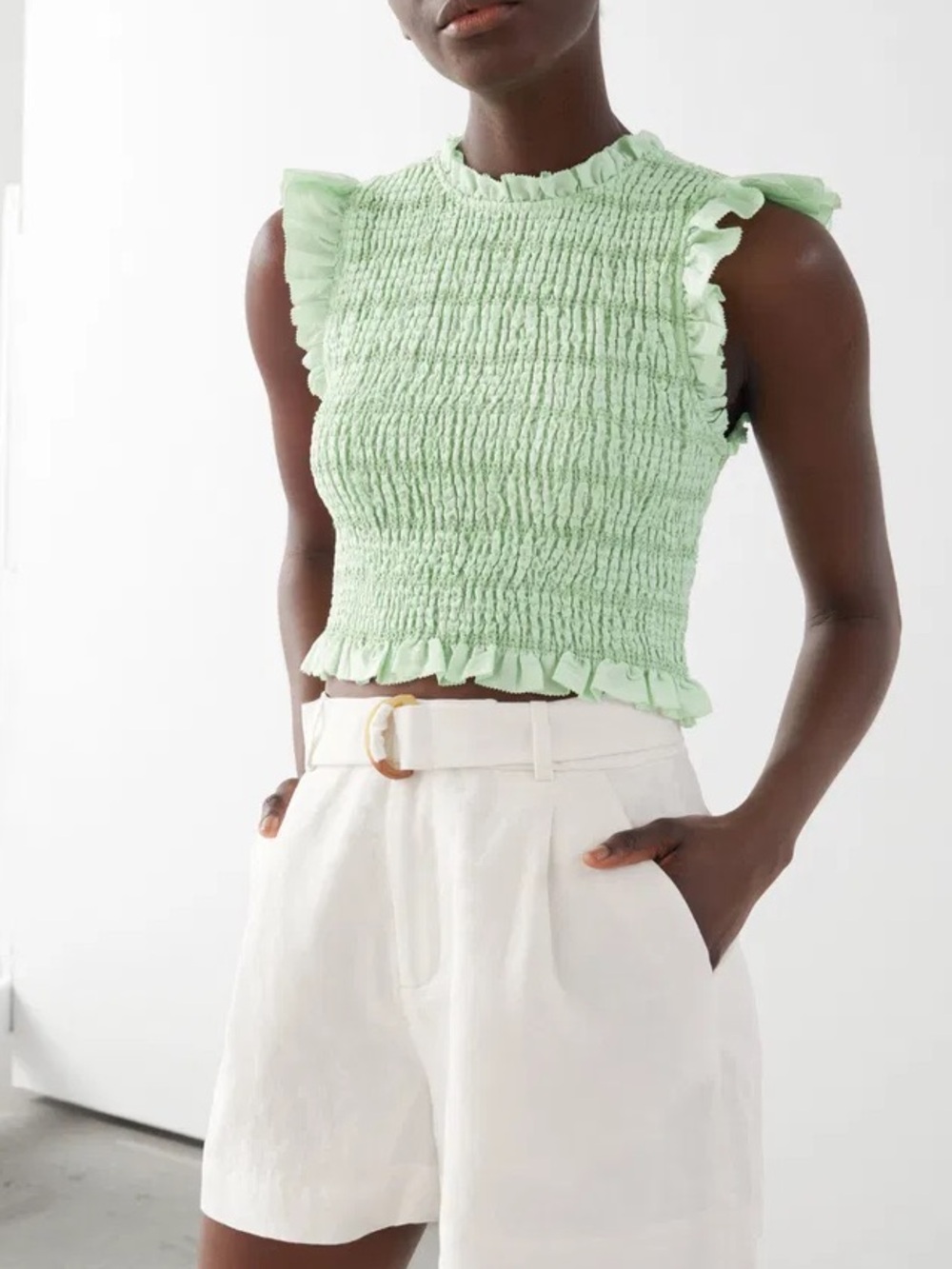 & Other Stories Mint Green Smocked Ruffle Tank